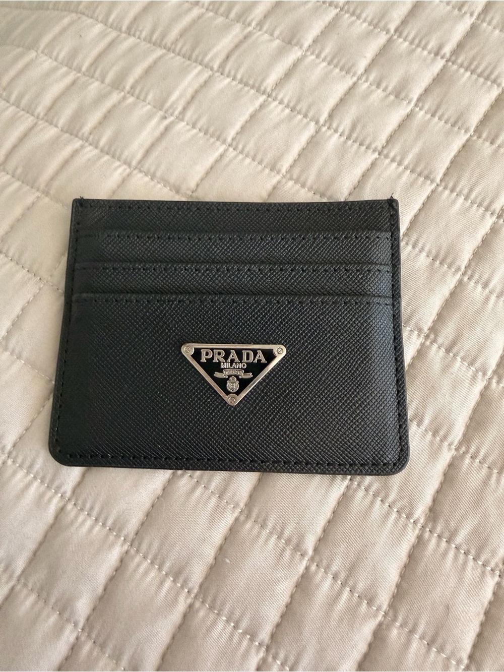 Prada Black Saffiano Leather Card Holder with Logo Plaque